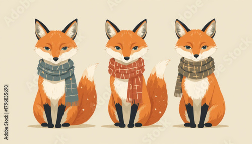 Illustration of a fox wearing a flat colored scarf on a plain background 