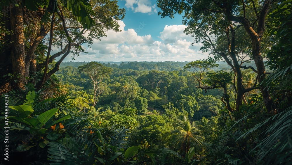 Obraz premium The lush Amazon jungle appears as a vibrant tropical forest canopy from an aerial view, showcasing environmental diversity