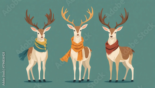 Illustration of a deer wearing a flat colored scarf on a plain background