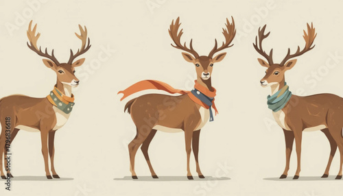 Illustration of a deer wearing a flat colored scarf on a plain background 