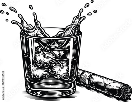 Whiskey and Cigar Vector  Alcoholic Drink with Ice, Splash, Luxury Bar, Vintage Illustration for Celebration and Nightlife