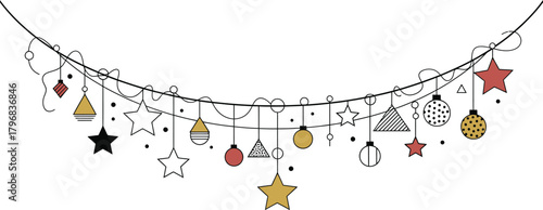 Festive christmas garland with stars, baubles, and geometric shapes, creating a whimsical and celebratory atmosphere for holiday decorations and designs