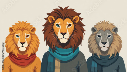 Illustration of a lion wearing a flat colored scarf on a plain background 