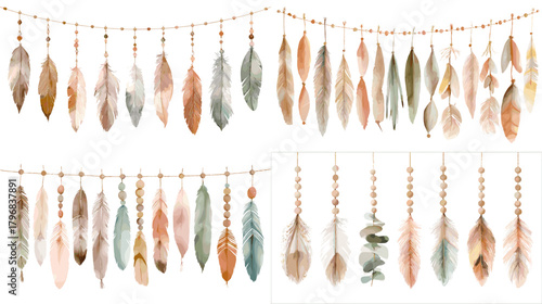 Watercolor boho feather garlands featuring soft neutral tones, beads, and hanging strings, perfect for baby showers, bohemian decor, invitations, and nursery art.
