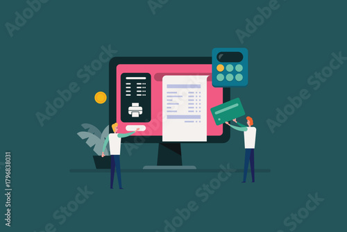 Accounting software generates e-invoice. User initiates print and man with credit card calculate and tracking daily financial transactions.