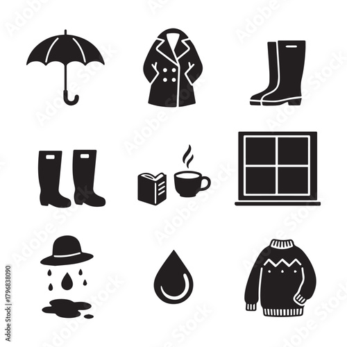  Rainy Day Essentials Umbrella, Trench Coat, Boots, Cozy Sweater, and Warm Coffee. 