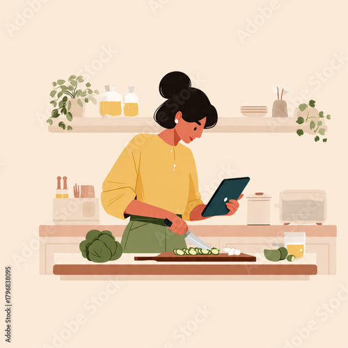 Woman Preparing Fresh Ingredients on Kitchen Counter While Watching Recipe Tutorial Flat Home Lifestyle Vector
