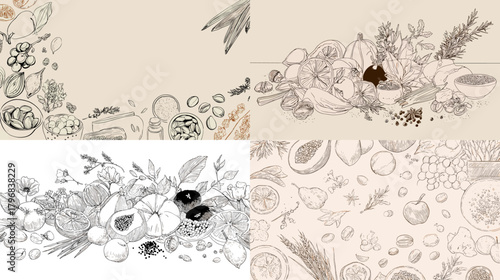 Hand-drawn botanical food sketch borders featuring fruits, vegetables, herbs, grains, and seeds in delicate artisan line art for organic packaging, menus, and vintage designs.Hand-drawn botanical food
