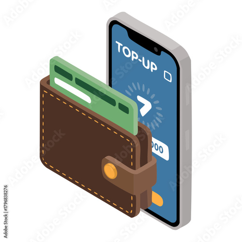 Isometric illustration of a wallet with a credit card next to a smartphone displaying a mobile top-up payment screen.