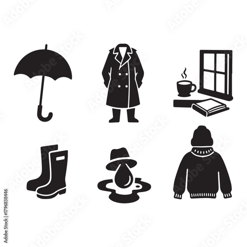  Rainy Day Essentials Umbrella, Trench Coat, Boots, Cozy Sweater, and Warm Coffee. 