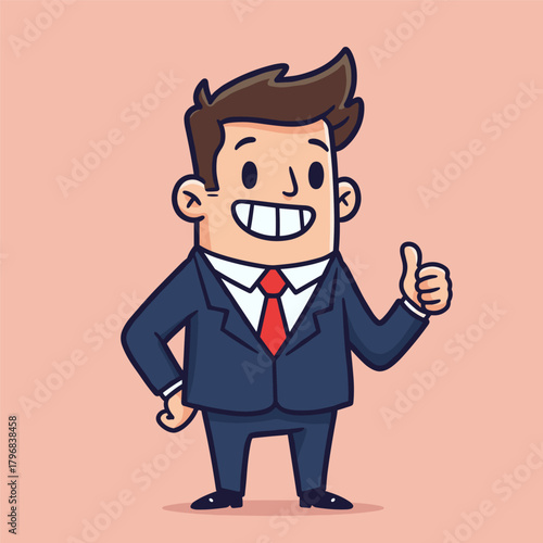 Smiling cartoon businessman in a blue suit giving a enthusiastic thumbs-up gesture.