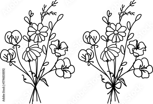 April Birth Month Flower Bouquet SVG, Daisy and Sweet Pea, Ribbon Bow Coquette Outline Line Art,  Laser Engraving Cut Files Silhouette Cricut, Birthday Gifts, Flower Arrangement