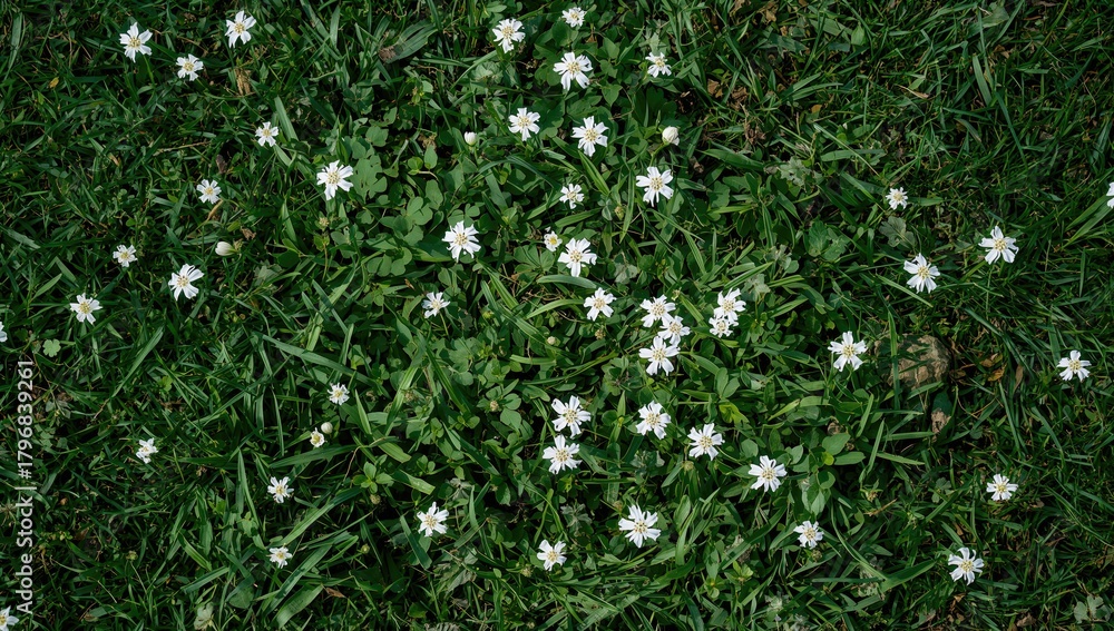 Naklejka premium Meadow adorned with white clover flowers, ideal for seasonal floral arrangements