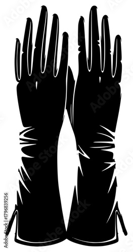 A pair of black gloves with ruffled edges on a , bandage, baseball glove, black, cloth, glove, hand, illustration, profile, against transparent background