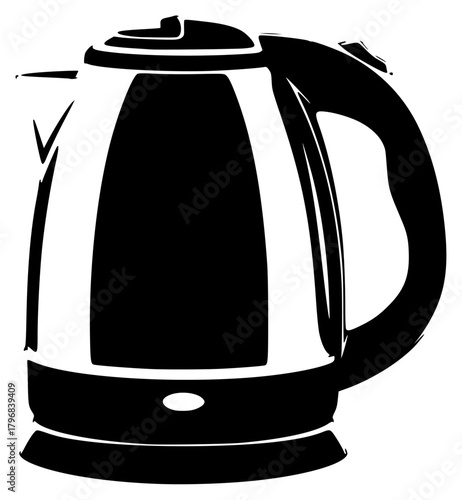 A black and white silhouette of a kettle, appliance, black, boiler, coffee machine, home appliance, illustration, kitchenware, liquid, profile, tea, tea pot, white, against transparent background