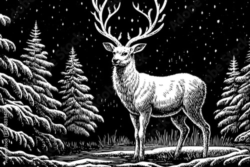majestic white stag with crystal antlers stands in frozen silence under twinkling snowflakes, symbol of purity and divine winter spirit