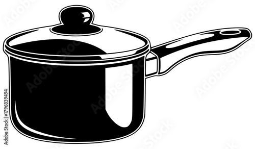 A black and white outline drawing of a saucepan with a lid, black, container, frying pan, icon, illustration, kitchenware, lid, liquid, pan, pot, profile, against transparent background