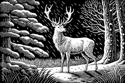 majestic white stag with crystal antlers stands in frozen silence under twinkling snowflakes, symbol of purity and divine winter spirit