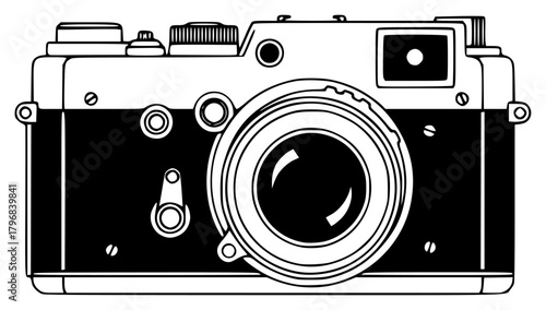 A black and white line drawing of a vintage camera, black, camera, film camera, illustration, lens, white, against transparent background