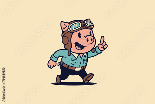Cute cartoon pig aviator character walking and pointing up.