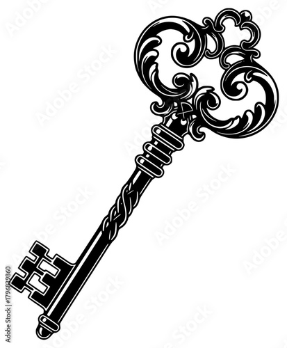 A black and white silhouette of an ornate skeleton key, black, illustration, key, lock, swirl, against transparent background