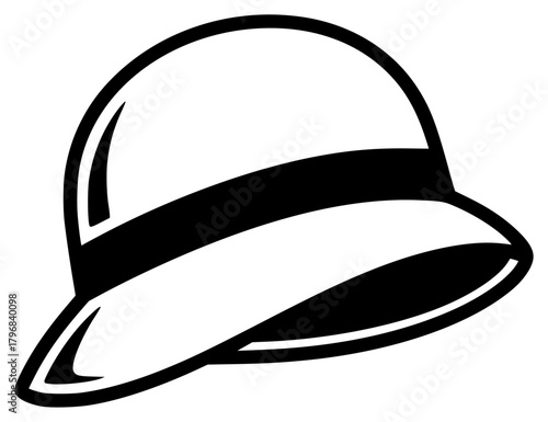 A black and white silhouette of a cloche hat, baseball glove, baseball hat, black, brim, cap, hat, icon, illustration, profile, sun hat, against transparent background