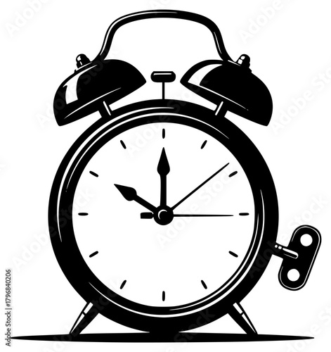 A black and white illustration of an alarm clock, alarm, alarm clock, black, clock, illustration, lamp, against transparent background