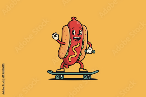 Cartoon hot dog character riding a skateboard with a happy expre