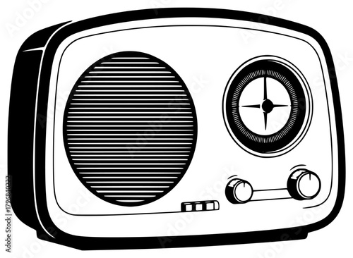 A black and white illustration of an old fashioned radio, black, clock, illustration, radio, retro, white, against transparent background