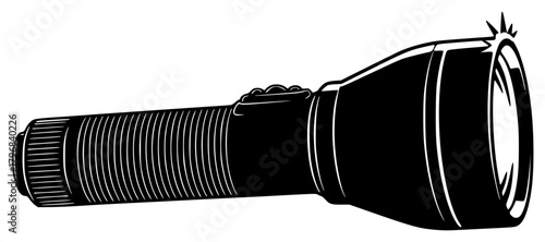 A black and white illustration of a flashlight, black, camera, camera lens, illustration, lens, torch, zoom lens, against transparent background