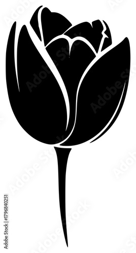 A black and white silhouette of a tulip, black, bud, flower, icon, illustration, lotus, petal, profile, stem, tulip, white, against transparent background
