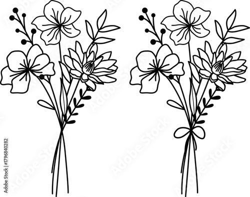 July Birth Month Flower Bouquet SVG, Larkspur and Water Lily, Ribbon Bow Coquette Outline Line Art,  Laser Engraving Cut Files Silhouette Cricut, Birthday Gifts, Flower Arrangement