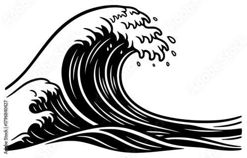 A black and white line drawing of a large wave, black, curl, illustration, image, sea, wave, white, against transparent background