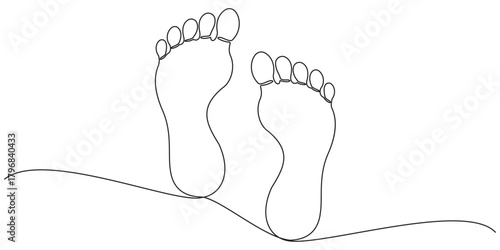 Continuous one line art drawing of human footprint vector, One continuous line drawing of bare foot and footprint. Elegance female feet in simple linear style. Concept of Wellness massage and care.