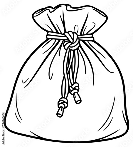 A black and white drawing of a drawstring bag, bag, drawing, illustration, knot, money, sack, string, against transparent background