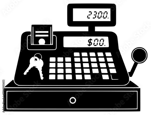 A black and white illustration of a cash register with a key and a receipt, black, electronic, flat, icon, illustration, key, register, scale, against transparent background