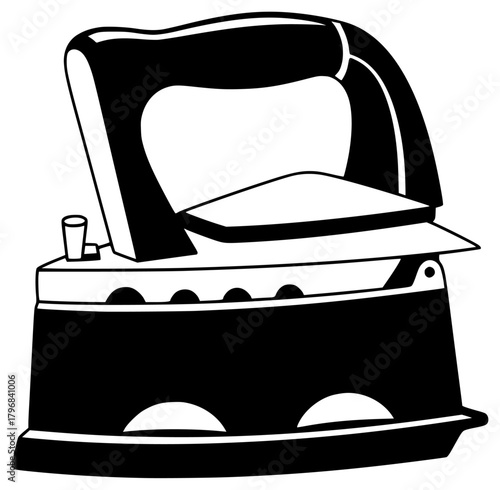 A black and white illustration of an electric iron, black, cloth, equipment, illustration, iron, ironing board, sewing machine, against transparent background