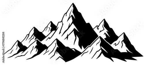 A black and white illustration of a mountain range, black, blanket, illustration, mountain, mountain landscape, mountain range, peak, profile, white, against transparent background