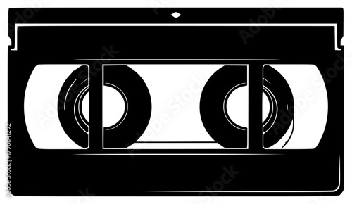 A black and white silhouette of a cassette tape, black, cassette, illustration, lens, radio, tape, against transparent background