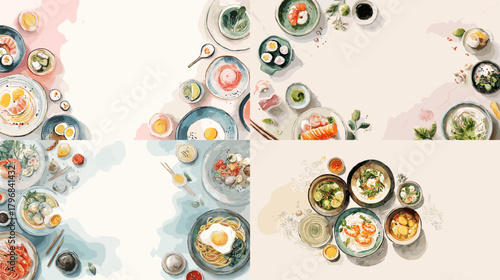 Watercolor Asian cuisine illustration featuring ramen, sushi, noodles, rice dishes, condiments, and tableware arranged around soft blank spaces for menus or invitations.