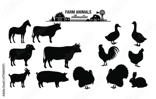 Collection of farm animal silhouettes including sheep dog horse cow pig chicken goat duck and rabbit