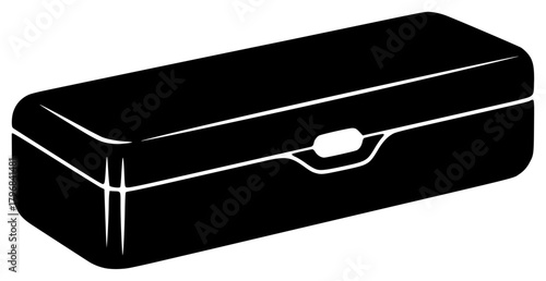A black rectangular box with a handle, black, box, briefcase, container, flat, icon, illustration, lid, storage box, style, against transparent background