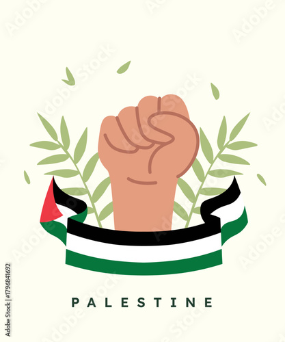 Branches of leaves surround the fist and flag.
The hand is clenched and raised high.