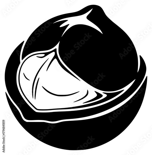 A black and white illustration of a shell with a smooth texture, black, head, illustration, image, logo, motorcycle helmet, profile, white, against transparent background