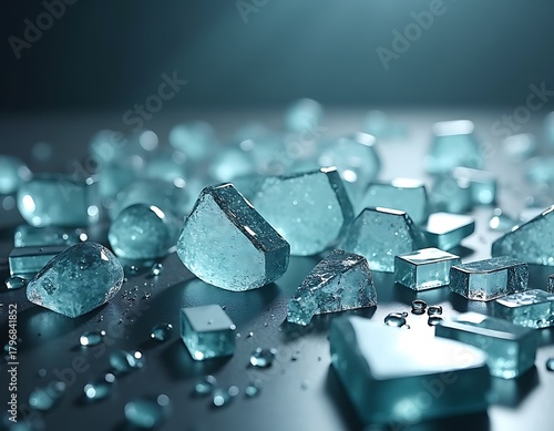 Abstract blue ice shards and water droplets on cool, sleek surface