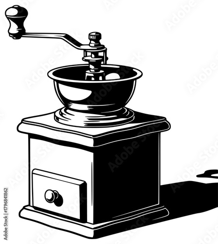 A black and white illustration of a coffee grinder, black, footstall, illustration, image, stool, against transparent background