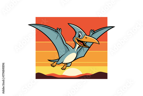 Cute Cartoon Pterodactyl Flying Happily in the Sky.