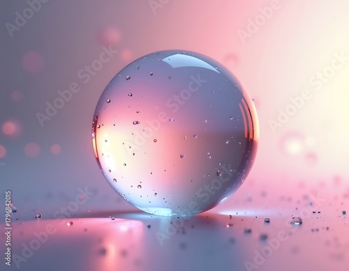 Clear sphere with water droplets on soft gradient background