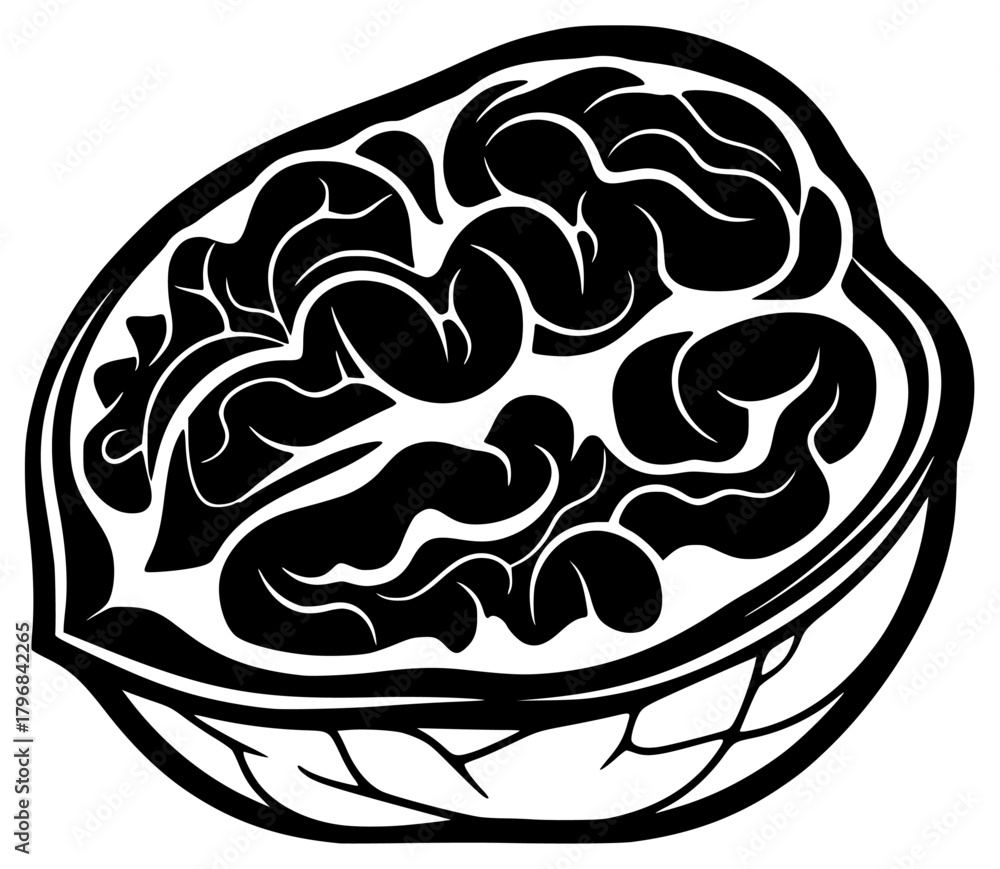 Fototapeta premium A black and white illustration of a piece of food with a stylized brain inside, black, food, illustration, nut, pastry, pie, white, against transparent background
