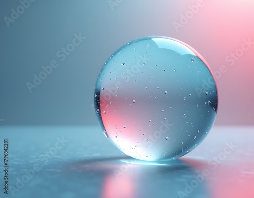 Transparent sphere with trapped air bubbles and colorful light.